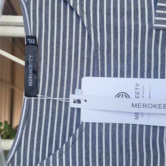 MEROKEETY Balloon Sleeve Striped Midi Shirt Dress Size 2XL/ 23" pit to pit - Picture 5 of 8